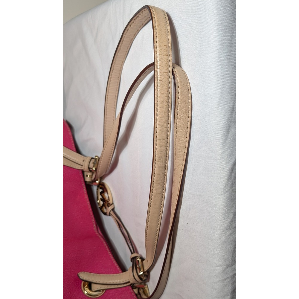 Michael Kors Tote Bag Hot Pink Tan Coated Canvas Leather Handles Jet Set Purse - Picture 10 of 16